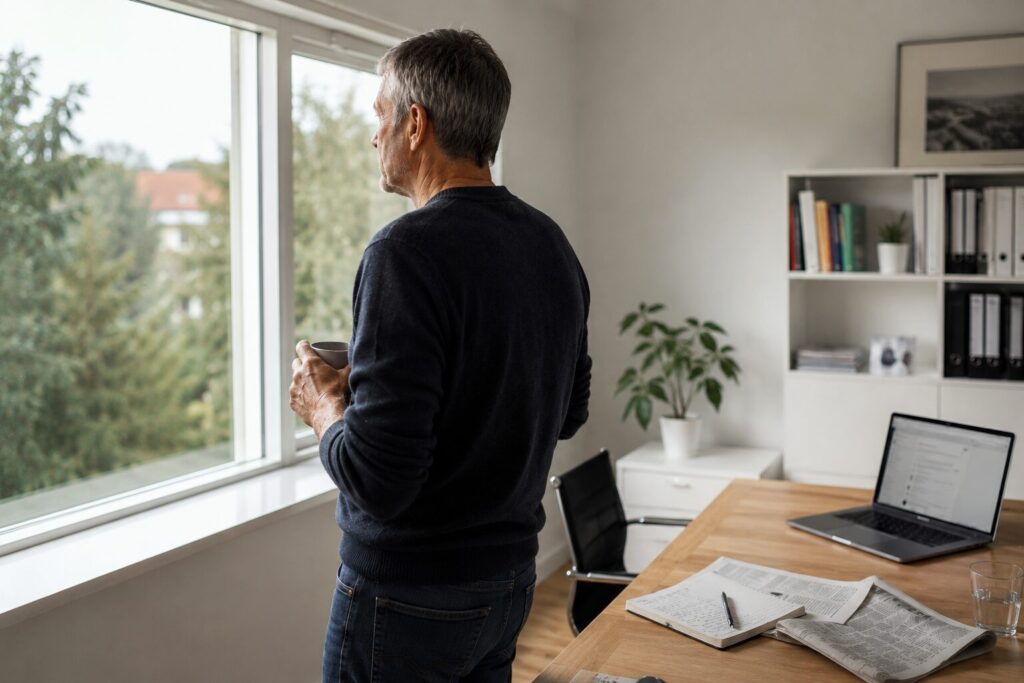 Führungskraft morgens mit Kaffee, wendet sich vom Bildschirm ab – das eigene Urteil behalten