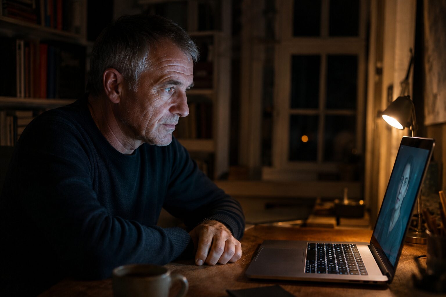 Führungskraft nachts am Laptop im Gespräch mit einem KI-Avatar – KI und Führung